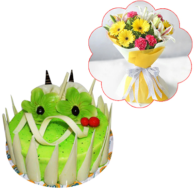 "Kiwi Gateaux Cake - 1kg, Mixed Flowers bouquet - Click here to View more details about this Product